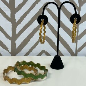 Kate Spade Wavy Bangle Bracelets & Hoop Earrings Set Gold & Green